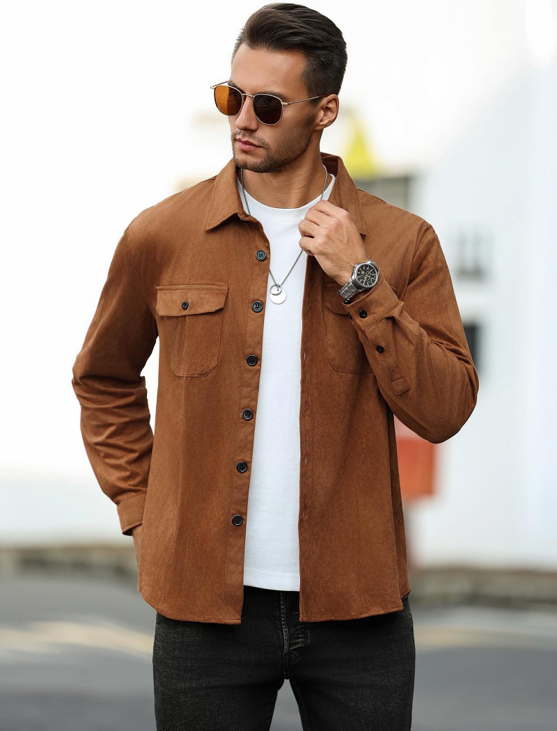 ZAFUL Men's Casual Button-Down Shirts Casual Western Long Sleeve Lightweight Shacket Jackets for Business Outfit (Brown S) - Image 2