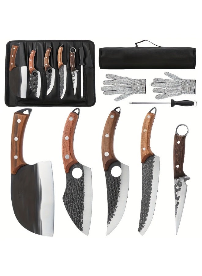 OSOOKE 8-piece handmade meat cutting knife set, professional chef and outdoor cooking, Serbian knife - sharp and durable knife, wooden handle with knife roll - Image 1