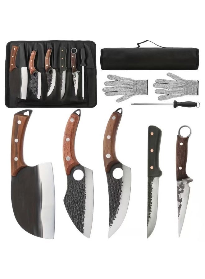 OSOOKE 8-piece handmade meat cutting knife set, professional chef and outdoor cooking, Serbian knife - sharp and durable knife, wooden handle with knife roll - Image 1