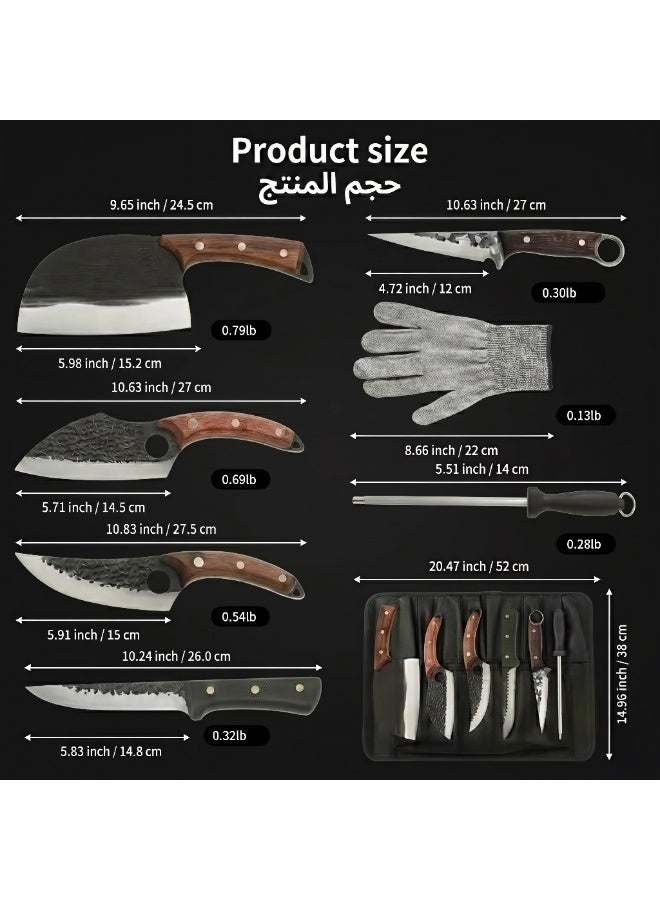 OSOOKE 8-piece handmade meat cutting knife set, professional chef and outdoor cooking, Serbian knife - sharp and durable knife, wooden handle with knife roll - Image 2