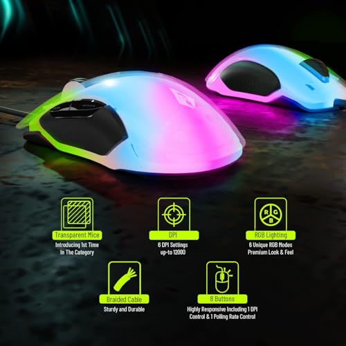 Archer Tech Lab Wired Gaming Mouse,Precise Tracking, Rapid Response with Sunplus Sensor, Adjustable 12000 DPI, 8 Programmable Buttons, Huyu Switches, RGB Backlit| for PC/Mac (Recurve 400-Transparent) - Image 2