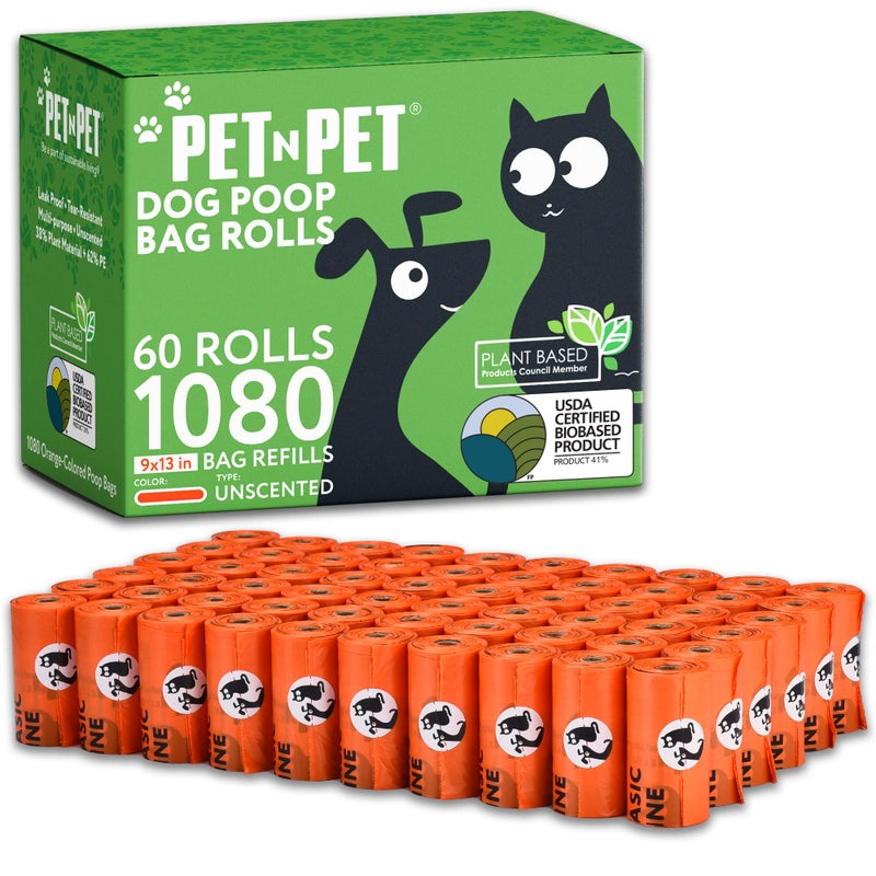 Pet N Pet 1080 Counts Orange Poop Bags for Dogs, 41% Plant Based & 59% PE Extra Thick Dog Poop Bags Rolls, 9" x 13", Unscented Pet Waste Bag - Image 1