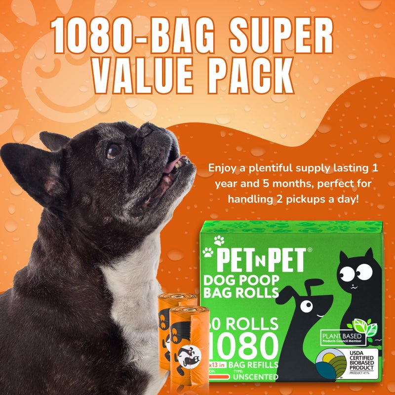 Pet N Pet 1080 Counts Orange Poop Bags for Dogs, 41% Plant Based & 59% PE Extra Thick Dog Poop Bags Rolls, 9" x 13", Unscented Pet Waste Bag - Image 4