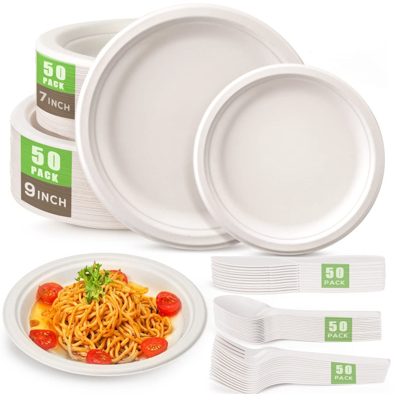 Gezond Compostable Paper Plates 250pcs Disposable Plates HeavyDuty Paper Plates Biodegradable White Plates for Party Sugarcane Plates Cornstarch Forks Knives Spoons for 50 Guests