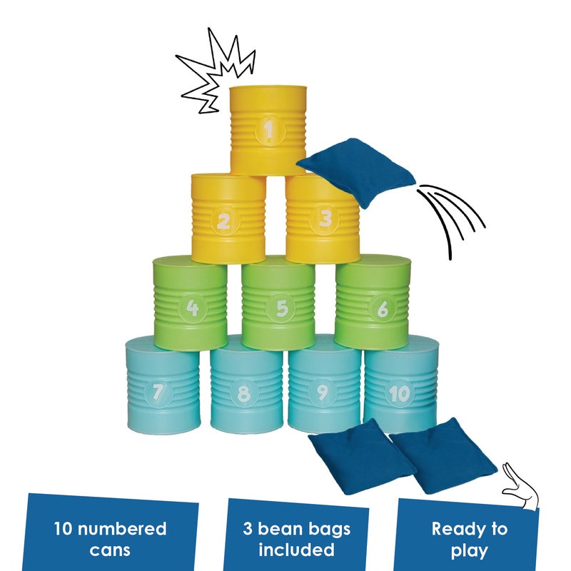 alldoro Can Throwing Game | 10 Numbered Plastic Tins 9x8x8cm | 3 Throwing Bags | Indoor Outdoor Fairground Toss Game for Kids Age 3+ - Image 2