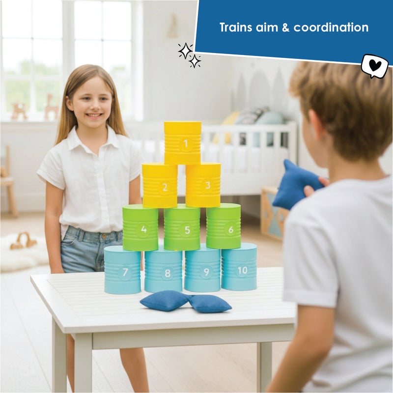 alldoro Can Throwing Game | 10 Numbered Plastic Tins 9x8x8cm | 3 Throwing Bags | Indoor Outdoor Fairground Toss Game for Kids Age 3+ - Image 5
