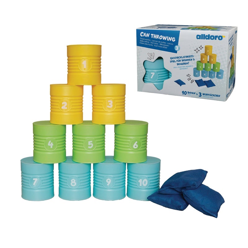 alldoro Can Throwing Game | 10 Numbered Plastic Tins 9x8x8cm | 3 Throwing Bags | Indoor Outdoor Fairground Toss Game for Kids Age 3+ - Image 1