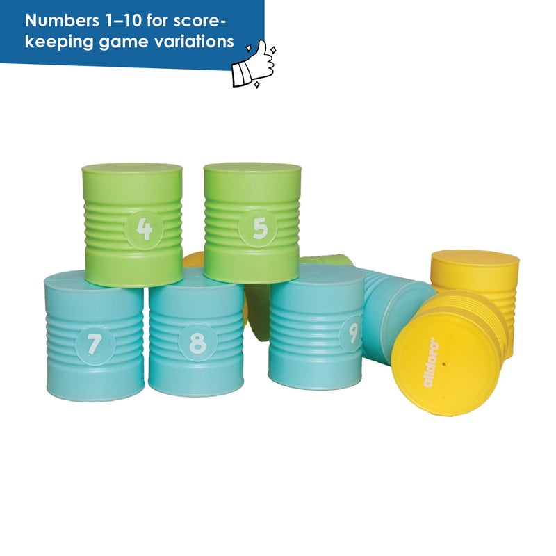 alldoro Can Throwing Game | 10 Numbered Plastic Tins 9x8x8cm | 3 Throwing Bags | Indoor Outdoor Fairground Toss Game for Kids Age 3+ - Image 3