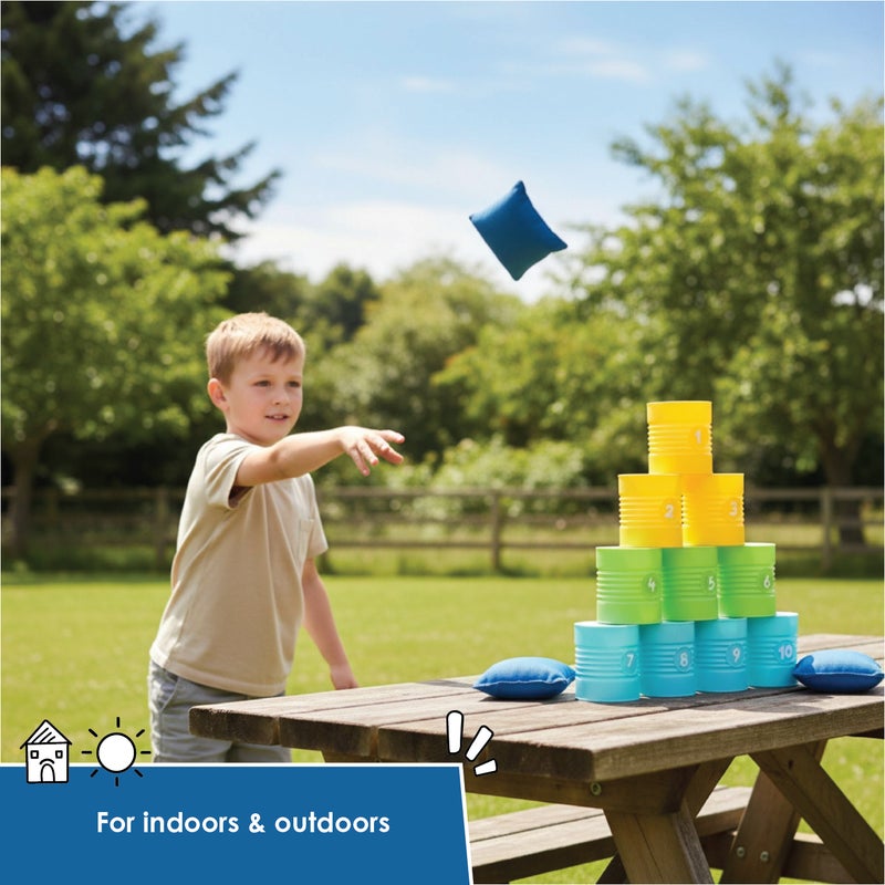alldoro Can Throwing Game | 10 Numbered Plastic Tins 9x8x8cm | 3 Throwing Bags | Indoor Outdoor Fairground Toss Game for Kids Age 3+ - Image 4
