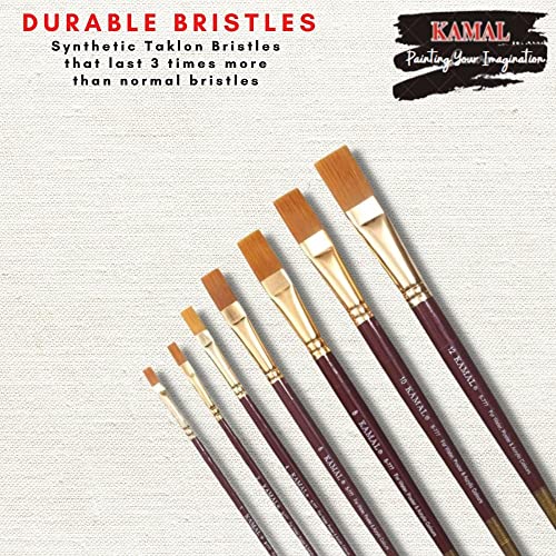 KAMAL FLAT MAROON HANDLE GOLDEN Synthetic hair Taklon Paint Brushes for Oil, Nail, Artist Acrylic Painting - Set of 7 - Image 2