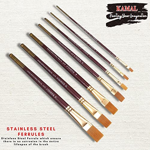 KAMAL FLAT MAROON HANDLE GOLDEN Synthetic hair Taklon Paint Brushes for Oil, Nail, Artist Acrylic Painting - Set of 7 - Image 3