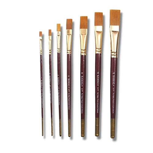 KAMAL FLAT MAROON HANDLE GOLDEN Synthetic hair Taklon Paint Brushes for Oil, Nail, Artist Acrylic Painting - Set of 7 - Image 1