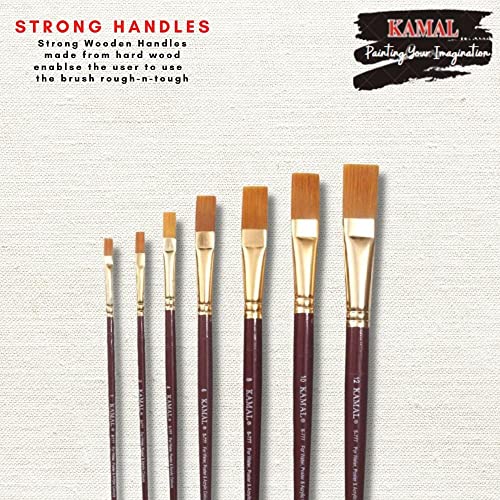 KAMAL FLAT MAROON HANDLE GOLDEN Synthetic hair Taklon Paint Brushes for Oil, Nail, Artist Acrylic Painting - Set of 7 - Image 4