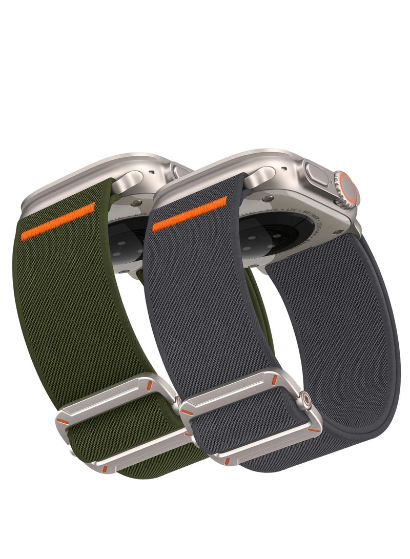 ESCASE 2-Piece Lightweight Contoured Ultra-Stretch Nylon Strap with Natural Titanium Metal Replacement Set Compatible with Apple Watch Strap Sizes: 42mm/44mm/45mm/46mm/49mm Fits Apple Watch Ultra/Ultra 2/Ultra 3, Series 11/10/9/8/SE/7/6/5/4/3/2/1 and other models, Green/Grey - Image 1