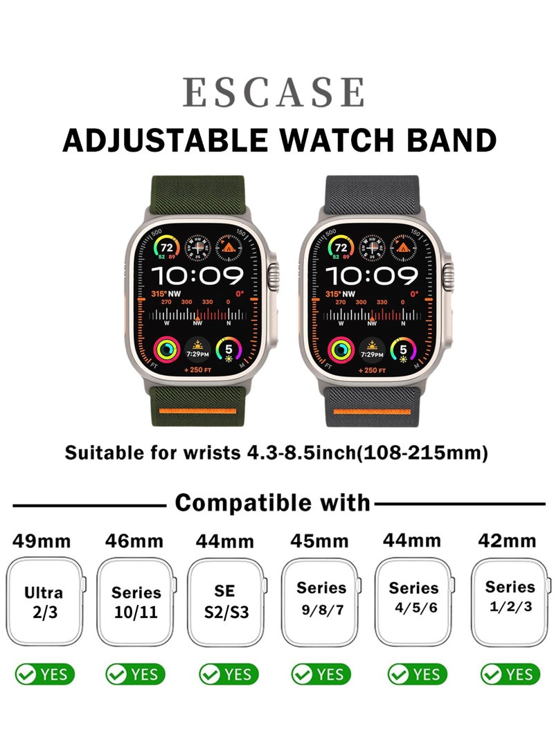 ESCASE 2-Piece Lightweight Contoured Ultra-Stretch Nylon Strap with Natural Titanium Metal Replacement Set Compatible with Apple Watch Strap Sizes: 42mm/44mm/45mm/46mm/49mm Fits Apple Watch Ultra/Ultra 2/Ultra 3, Series 11/10/9/8/SE/7/6/5/4/3/2/1 and other models, Green/Grey - Image 3