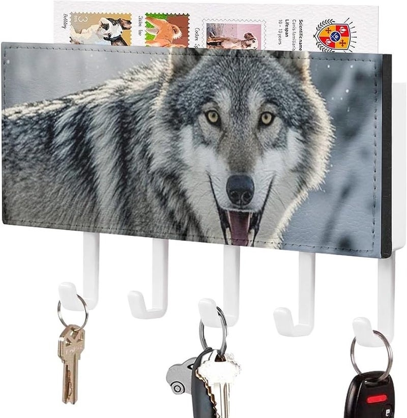 حامل مفاتيح جدار الذئب العاوي 5 خطافات منظم مفاتيح من جلد البولي يوريثان تخزين المدخل هدية تزيين المنزل - Image 1