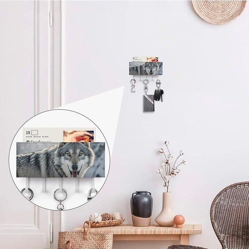 حامل مفاتيح جدار الذئب العاوي 5 خطافات منظم مفاتيح من جلد البولي يوريثان تخزين المدخل هدية تزيين المنزل - Image 5