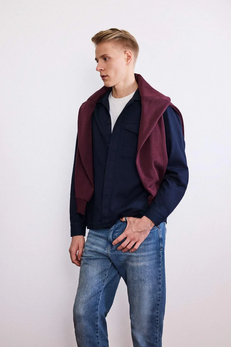 ديفاكتو Boxy Fit Polo Neck Twill Long Sleeve Shirt