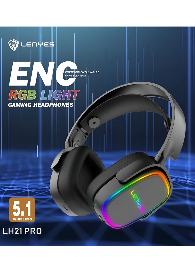 Lenyes - Wireless Headphone LH21 Pro, Gaming Headset ENC RGB Light 40ms Bluetooth Hifi Stereo Sport Headphone Heavy Bass Wireless Earphone for Smartphones Laptop PC - Image 1