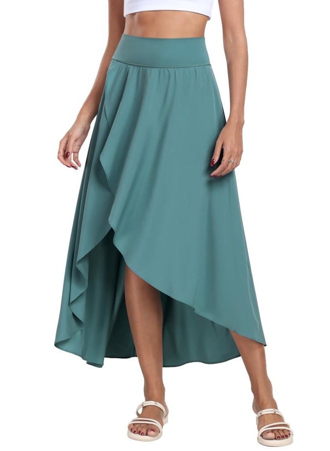 IUGA High Waist Maxi Skirt with Slit Ruffle Wrap Skirt Trendy Flowy Skirts for Women Long Skirts with Shorts Underneath, Sea Green, S - Image 1