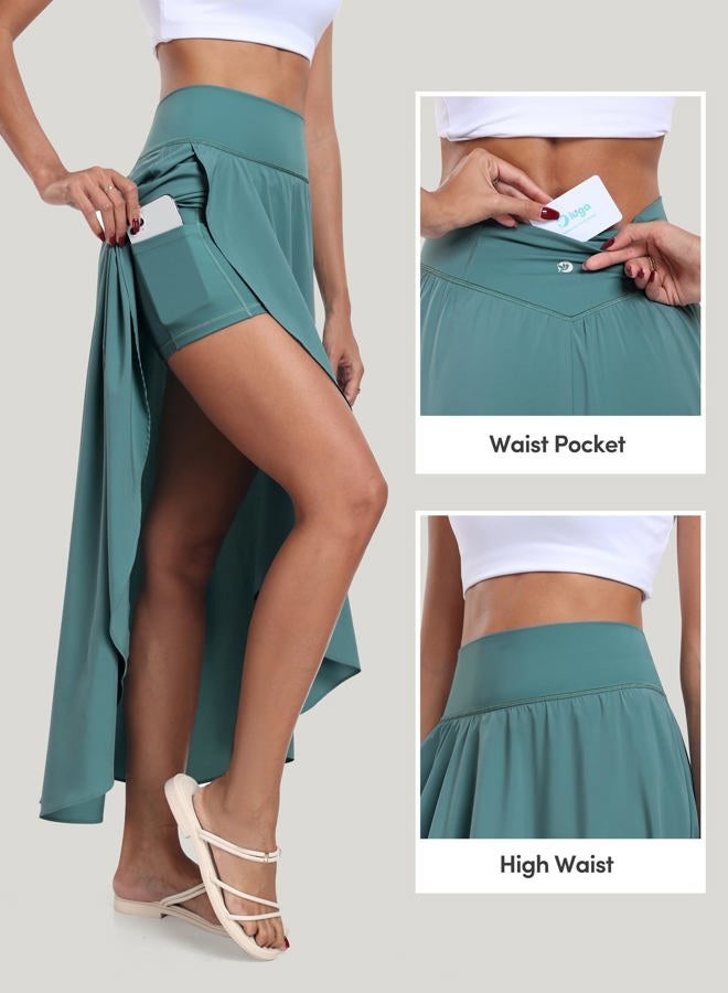 IUGA High Waist Maxi Skirt with Slit Ruffle Wrap Skirt Trendy Flowy Skirts for Women Long Skirts with Shorts Underneath, Sea Green, S - Image 3