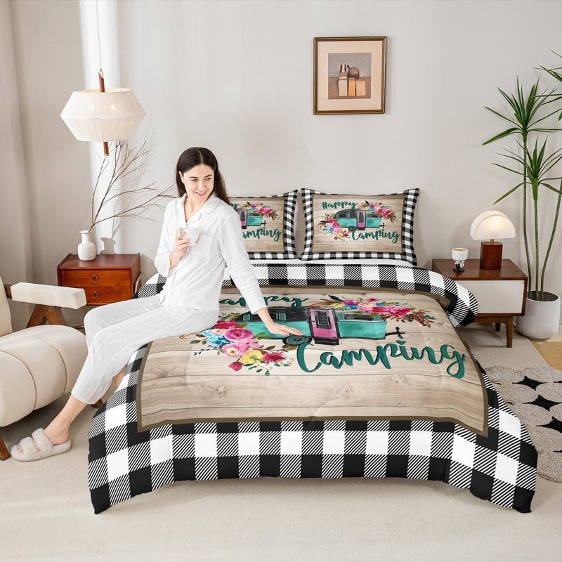 Man Fei Manfei RV Happy Travelling Comforter Set Twin Camper Adventure Car Bedding Set 2pcs for Kids Teens Adults Trailer Decor Wooden Plaid Vintage Quilt Set Farmhouse Duvet Insert with 1 Pillowcase - Image 2