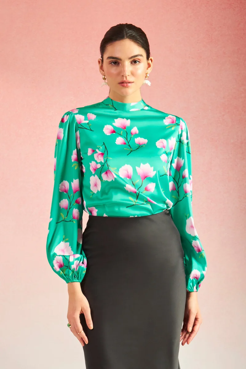 Virgio Satin High Vacation Neck Floral Blouses for Women