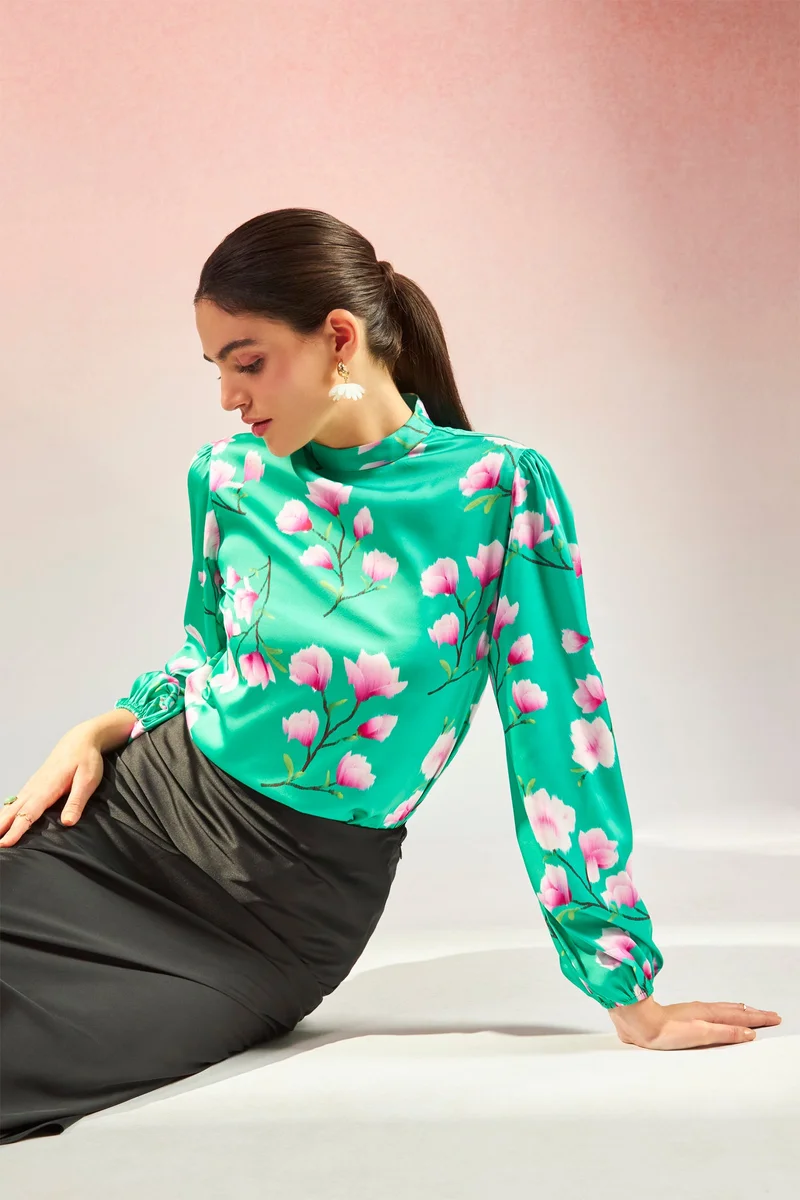 Virgio Satin High Vacation Neck Floral Blouses for Women