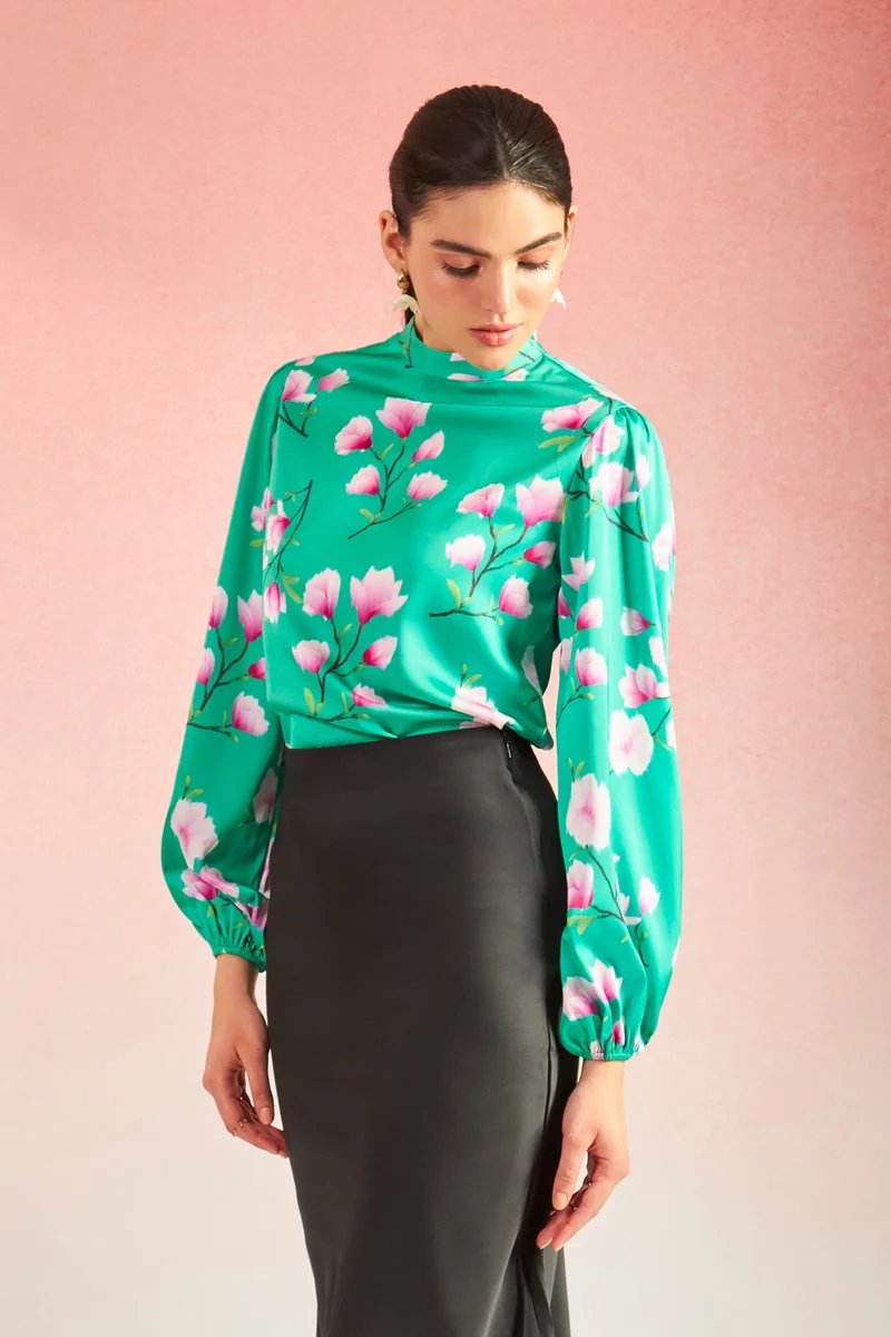 فيرجيو Satin High Vacation Neck Floral Blouses for Women
