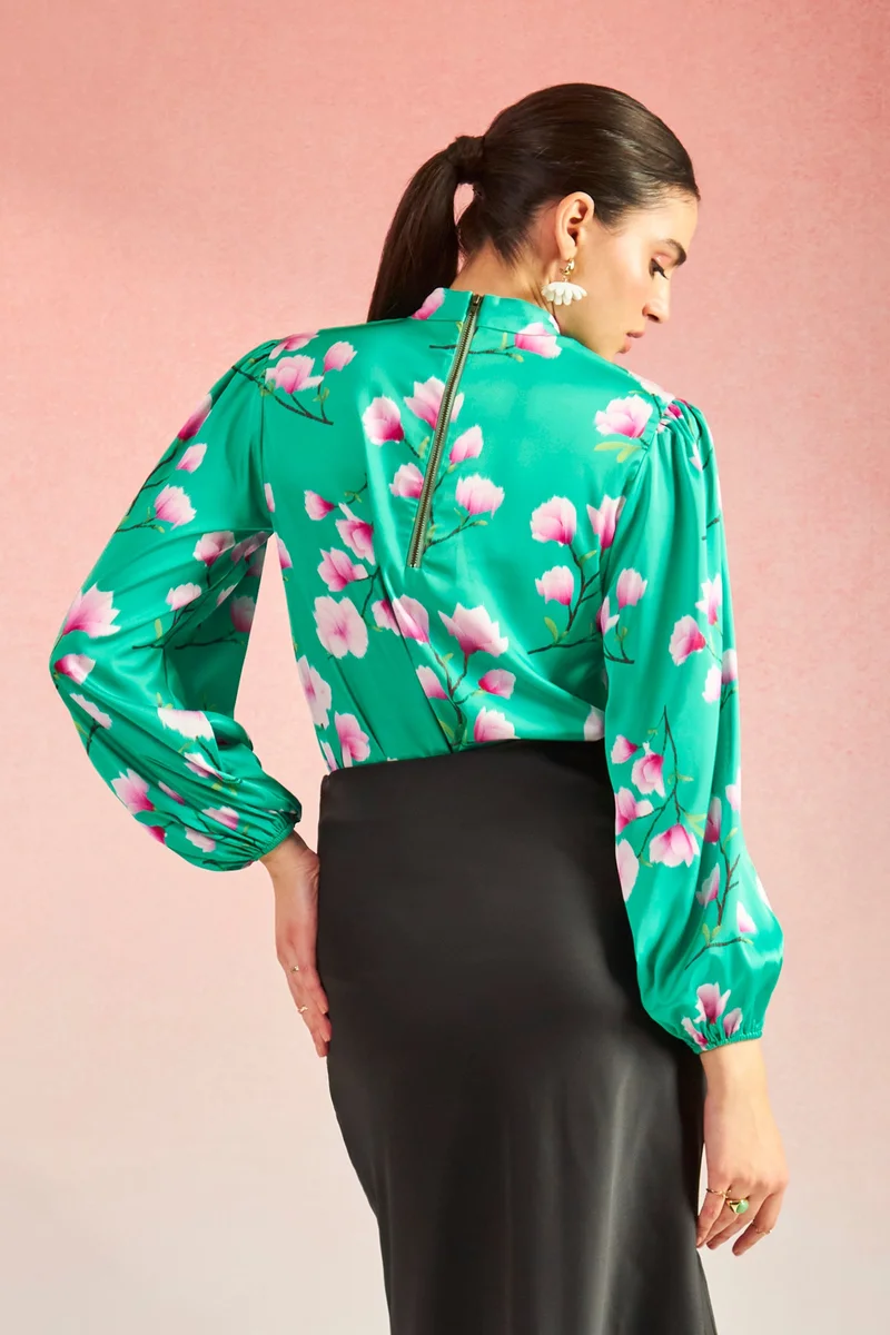 فيرجيو Satin High Vacation Neck Floral Blouses for Women