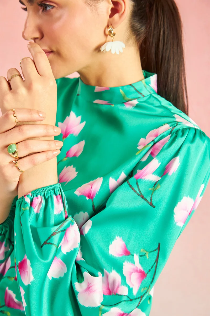 فيرجيو Satin High Vacation Neck Floral Blouses for Women