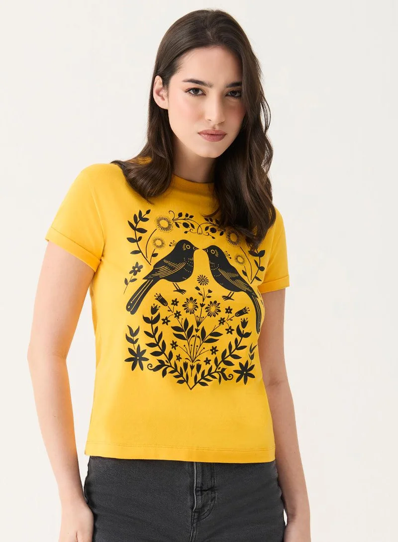 Zigzag Bird Printed Crew Neck T-shirt