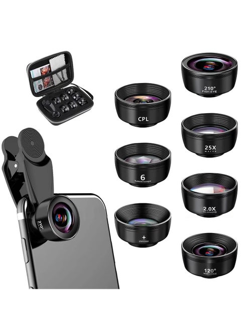 Phone Lens Kit 7 in 1 210° Fisheye Lens 25X Macro Lens A 120° Wide Angle Lens A Telephoto Lens A CPL Kaleidoscope Starburst Clip on Camera Lens