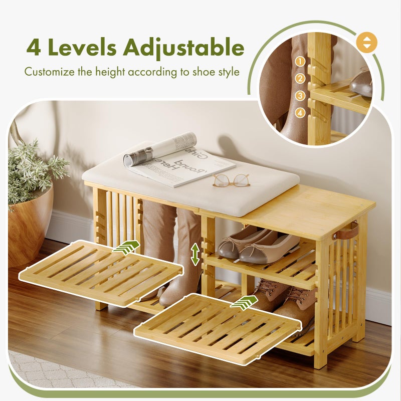 Amazer Bamboo Shoe Rack Bench, 3-Tier Shoe Bench Height Adjustable, Entry Bench with Side Storage Strap, Shoes Organizer Storage Bench, Shoe Shelf with Seat Cushion for Entryway, Living Room, Hallway - Image 4