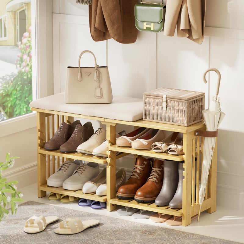 Amazer Bamboo Shoe Rack Bench, 3-Tier Shoe Bench Height Adjustable, Entry Bench with Side Storage Strap, Shoes Organizer Storage Bench, Shoe Shelf with Seat Cushion for Entryway, Living Room, Hallway - Image 1