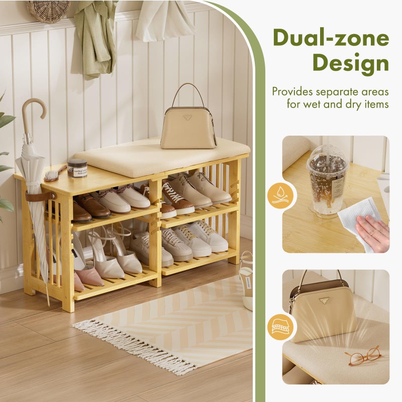 Amazer Bamboo Shoe Rack Bench, 3-Tier Shoe Bench Height Adjustable, Entry Bench with Side Storage Strap, Shoes Organizer Storage Bench, Shoe Shelf with Seat Cushion for Entryway, Living Room, Hallway - Image 5