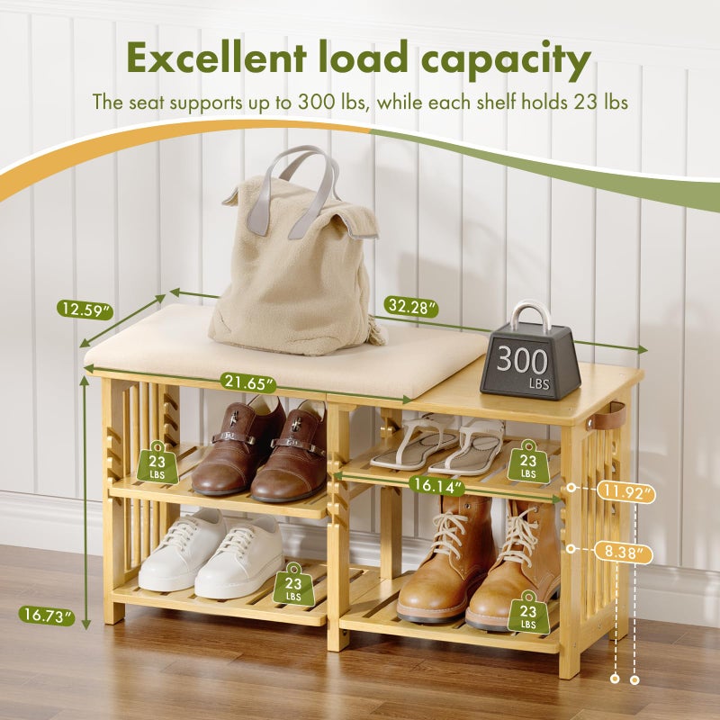 Amazer Bamboo Shoe Rack Bench, 3-Tier Shoe Bench Height Adjustable, Entry Bench with Side Storage Strap, Shoes Organizer Storage Bench, Shoe Shelf with Seat Cushion for Entryway, Living Room, Hallway - Image 2