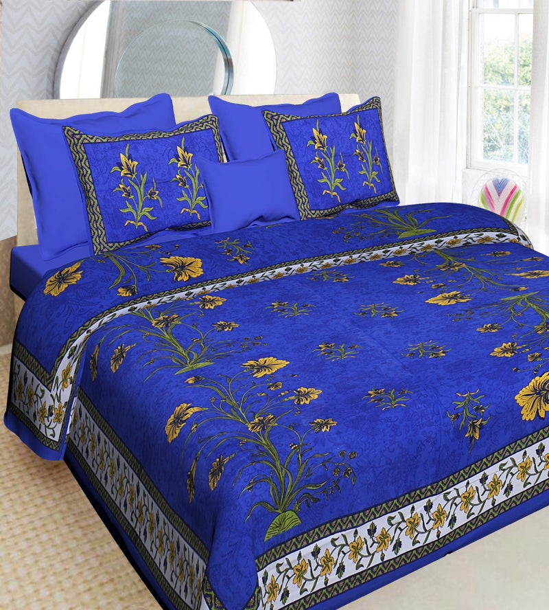 Ealth Kart Cotton Floral Comfort 151 TC Rajasthani Jaipuri Traditional King Size 1 Double Bedsheet with 2 Pillow Covers - Blue, Queen - Image 5