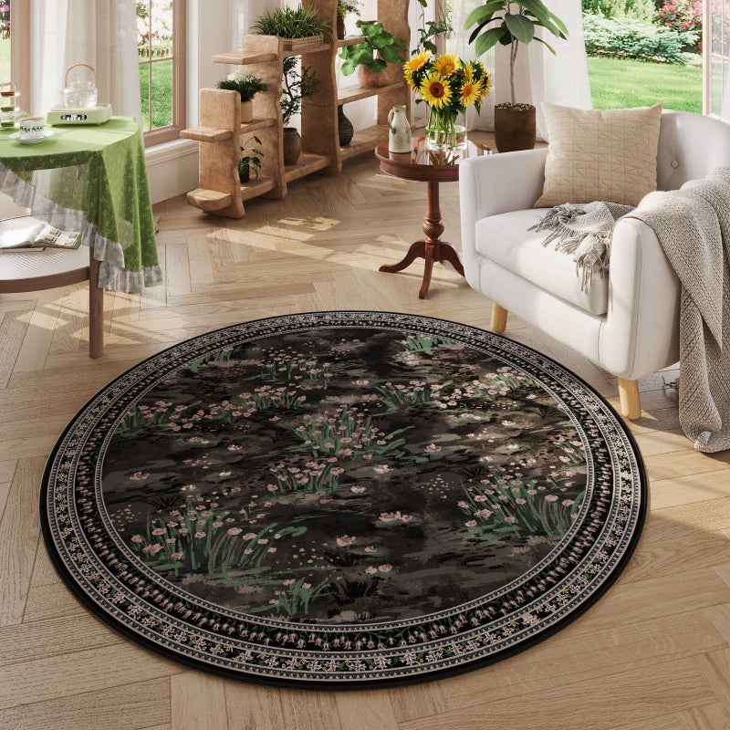 Rugcomf Circle Rug Impressionist-Style Vintage Round Rug 4ft Non Slip Low Pile Small Circular Rug for Bedroom Bathroom Entryway Kids Room Office College Dorm, Black - Image 1