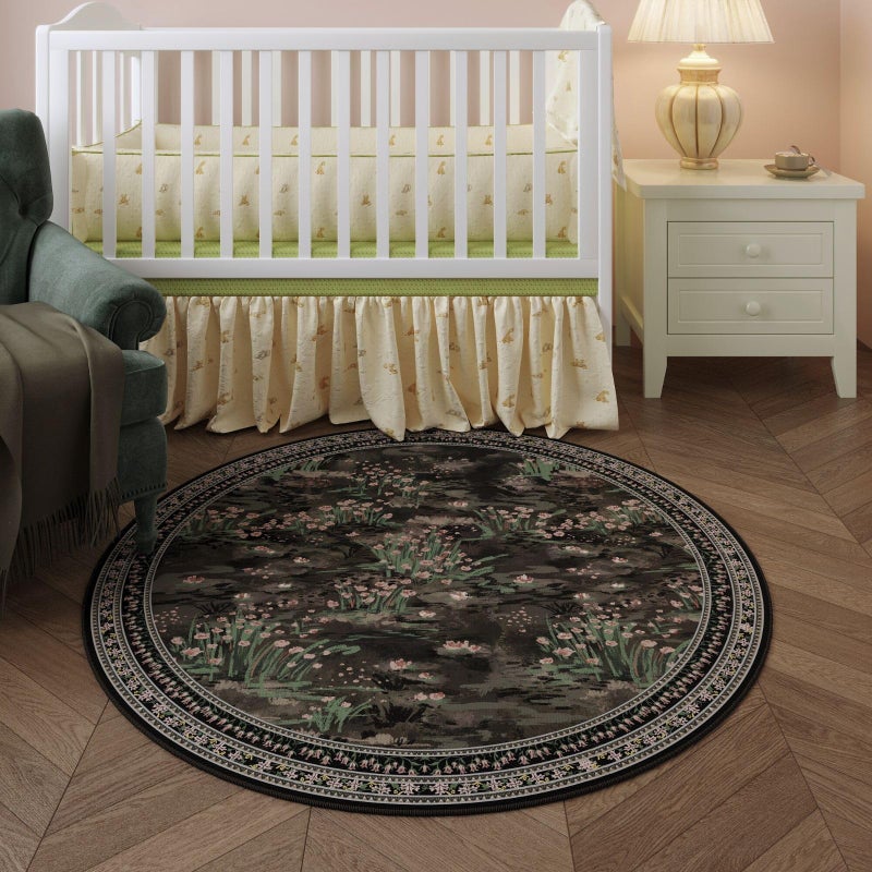 Rugcomf Circle Rug Impressionist-Style Vintage Round Rug 4ft Non Slip Low Pile Small Circular Rug for Bedroom Bathroom Entryway Kids Room Office College Dorm, Black - Image 2