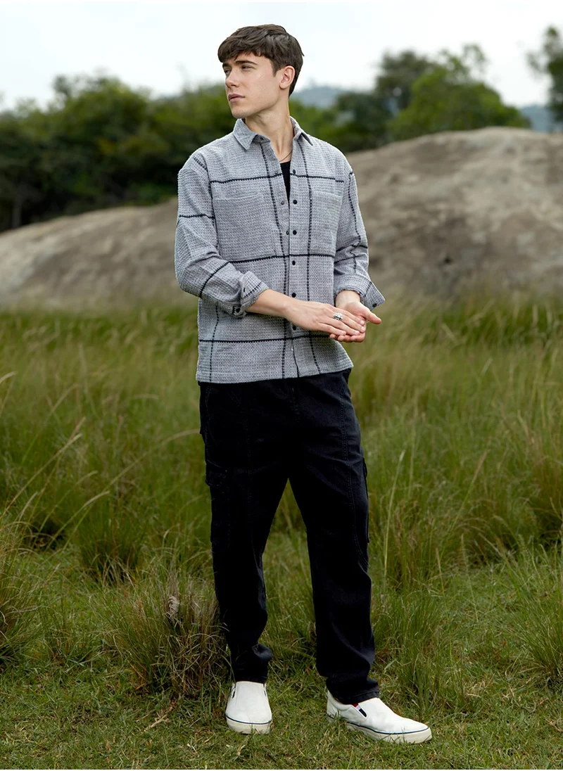 Campus Sutra Men's Moon Grey Graph-Check Waffle Overshirt