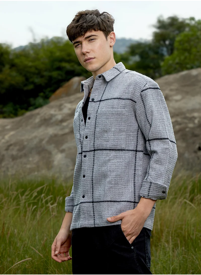 Campus Sutra Men's Moon Grey Graph-Check Waffle Overshirt