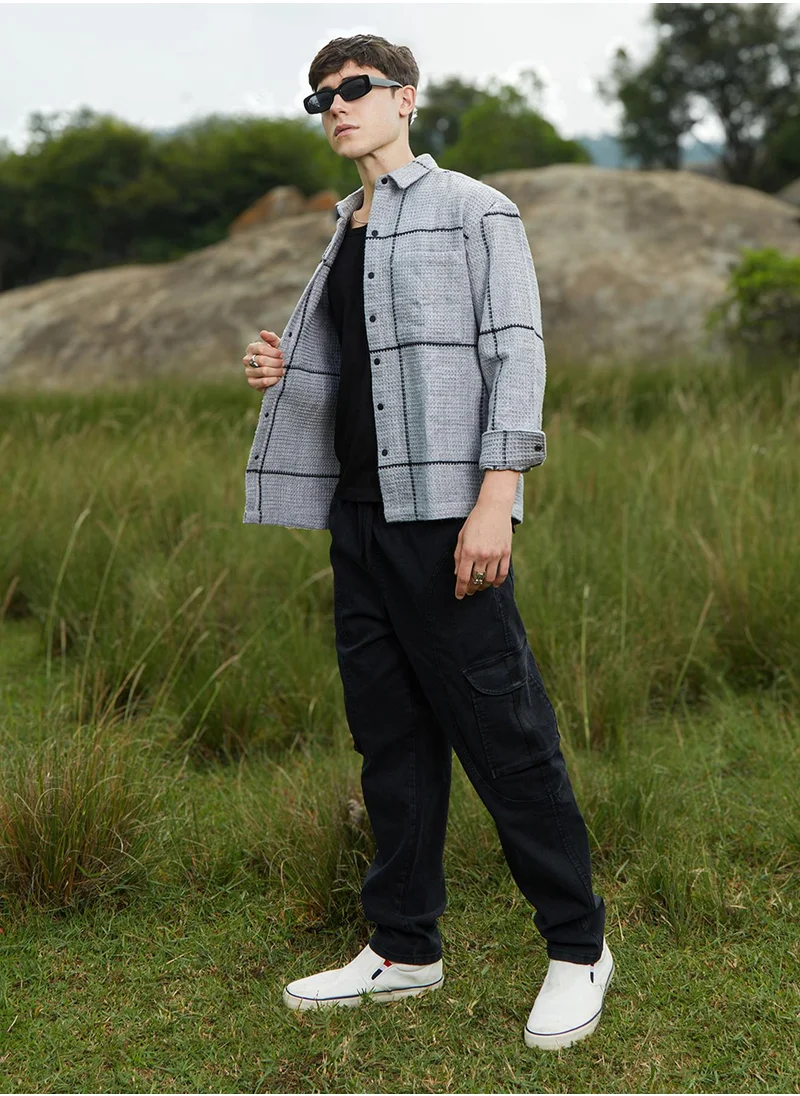 Campus Sutra Men's Moon Grey Graph-Check Waffle Overshirt