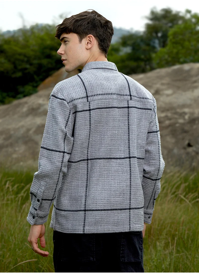 Campus Sutra Men's Moon Grey Graph-Check Waffle Overshirt