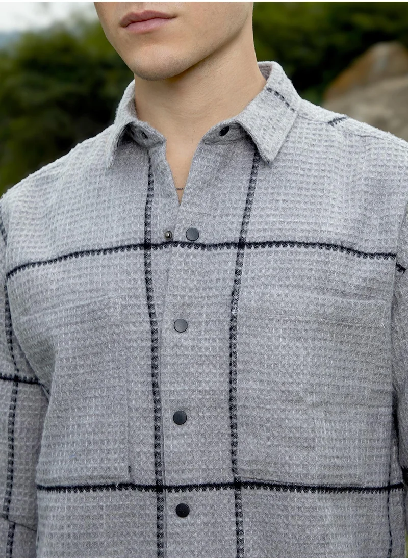 Campus Sutra Men's Moon Grey Graph-Check Waffle Overshirt
