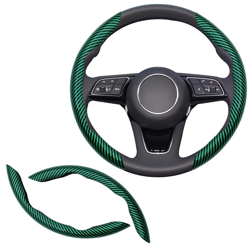 Lunwag 2pcs Universal Fit Carbon Fiber Steering Wheel Cover, Anti-Skid Steering Wheel Cover/Segmented Steering Wheel Protector/Car Interior Accessories (Bright Green) - Image 1