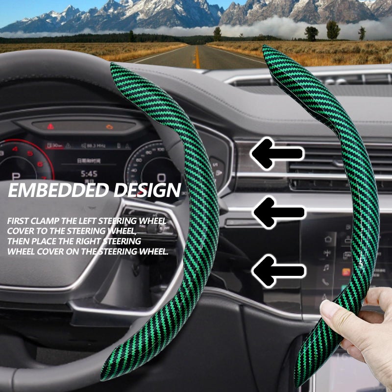 Lunwag 2pcs Universal Fit Carbon Fiber Steering Wheel Cover, Anti-Skid Steering Wheel Cover/Segmented Steering Wheel Protector/Car Interior Accessories (Bright Green) - Image 5