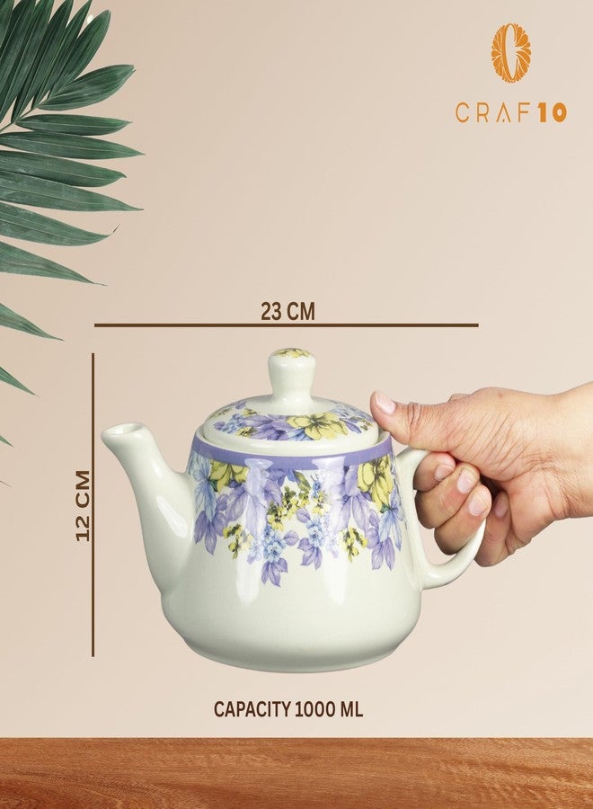 CRAF10 طقم شاي وأكواب من السيراميك المصنوع يدويًا من CRAF10، بنقشة زهور أرجوانية زرقاء - غلاية واحدة (1 لتر) و6 أكواب (160 مل)، آمن للاستخدام في الميكروويف وغسالة الصحون | طقم صباحي | أطقم شاي مع غلاية - Image 3
