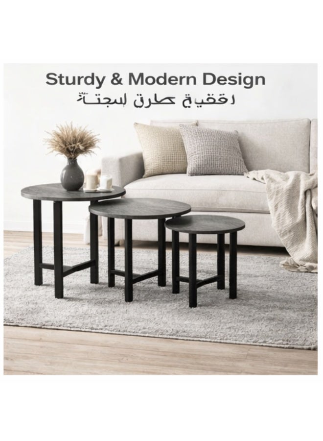 POWER 3-piece coffee table set, round side table for sofa, small side table for living room or bedroom, metal frame, easy to assemble（grey） - Image 2