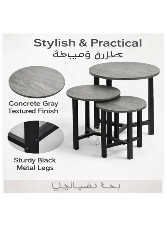 POWER 3-piece coffee table set, round side table for sofa, small side table for living room or bedroom, metal frame, easy to assemble（grey） - Image 3